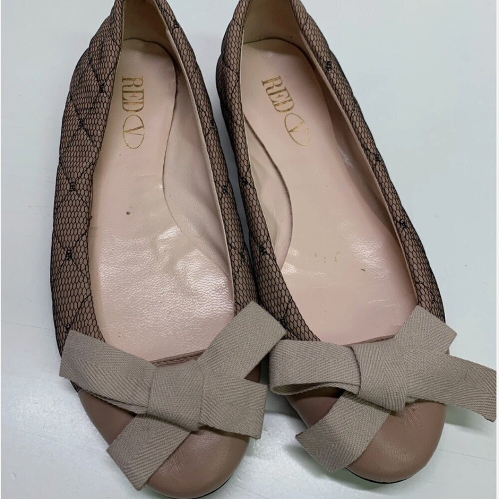 Valentino Red V Ballet Flats Shoes Quilted Lace Bow Slip On Pink Black Size US 7
